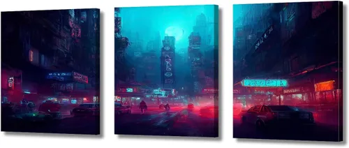 Vista 75 de Cuadros de 3 paneles de Cyberpunk City - Arte de pared de vallas publicitarias de edificios modernos en la capital con obras de arte modernas
