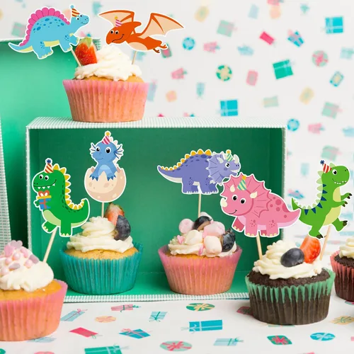 Vista 7 de 48 piezas de decoración de cupcakes de dinosaurio de dibujos animados para cupcakes con temática de dinosaurios para cumpleaños, baby shower