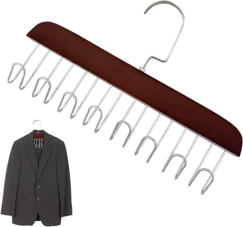 Vista 12 de 4 soportes de madera para cinturones, colgador multifuncional para cinturón de madera con 8 ganchos de metal, organizador de perchas de madera