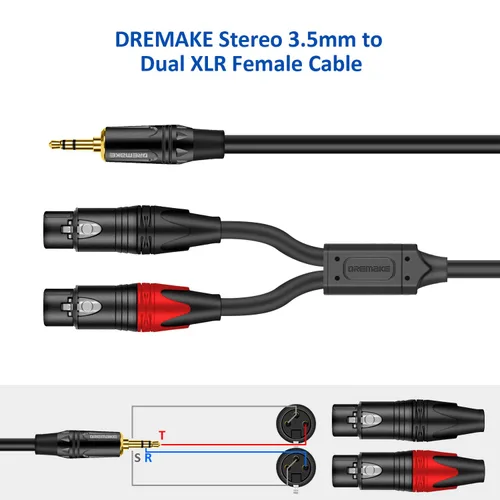 Vista 4 de Cable de conexión de audio estéreo hembra TRS a doble XLR de 0.138 in de 10 pies, macho de 1/8 de pulgada a cable adaptador de divisor en Y hembra