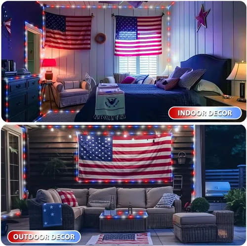 Vista 6 de Paquete de 2 tiras de luces rojas, blancas y azules, 200 luces LED en total de 66 pies para el 4 de julio al aire libre, 8 modos de luz patriótica
