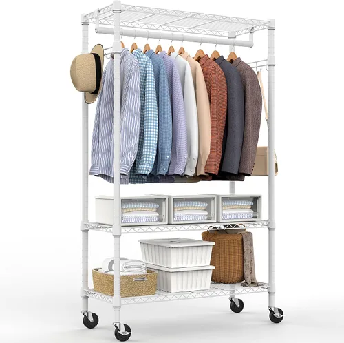 Vista 26 de M MZG Perchero resistente con ruedas de 3 niveles de alambre ajustable con 3 varillas y ganchos laterales, estante de ropa para armario, color Negro