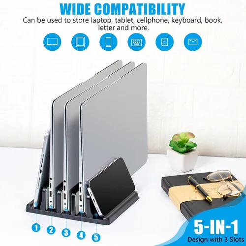 Vista 3 de Ryvlan Soporte vertical para laptop, almacenamiento ajustable de 3 ranuras para laptop con acolchado de goma, soporte múltiple para computadora