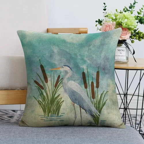 Vista 7 de Fundas de almohada decorativas de 18 x 18 pulgadas, acuarela azul garza cuadrada de lino, funda de cojín para sofá
