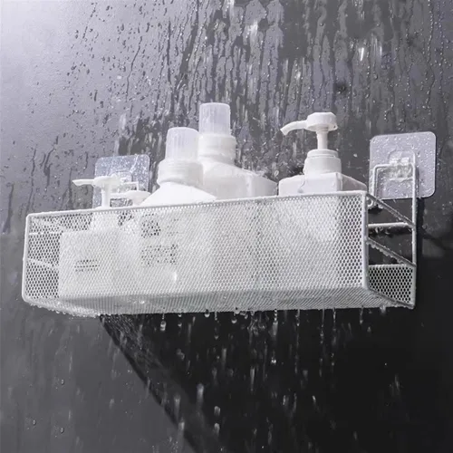 Vista 4 de Estantes de baño, organizador de baño de montaje en pared con 2 compartimentos, alambre de metal sin taladrar cesta organizadora para cuarto de Negro