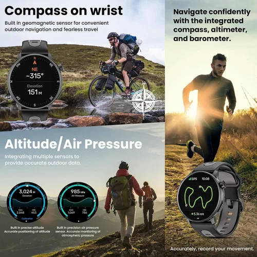 Vista 5 de Reloj inteligente para hombres y mujeres GPS, 1.43 pulgadas AMOLED Smartwatch con brújula/barómetro/altímetro 100+ rastreador de fitness deportivo