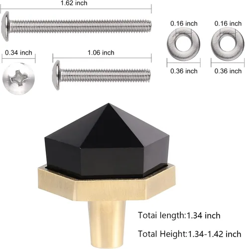 Vista 5 de Rockcloud Paquete de 2 pomos de piedra de cristal con forma hexagonal de obsidiana con tornillos, tiradores de cajón, pomos decorativos
