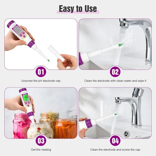 Vista 6 de Medidor de pH Digital Electrónico para Alimentos Probador de pH para Fermentación Kits de Solución de Calibración de Tampón de pH de 3*50ml Sonda