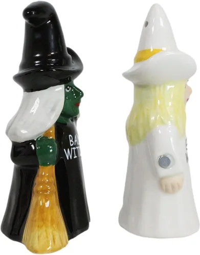 Vista 5 de Ebros Gift Fuerzas del bien y del mal Elphaba VS Glinda Brujas que llevan escobas con salero y pimentero, juego de figuras de cerámica con tapones