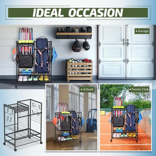 Vista 7 de PLKOW Organizador de bolsas de tenis para raquetas de tenis, soporte para equipo de tenis para bolsas, bolas, raquetas y accesorios, organizador