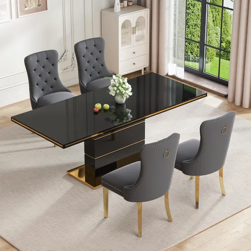 Vista 16 de Mesa de comedor moderna negra para 6 personas, mesa de cocina rectangular de 63 pulgadas con acabado lacado dorado y base de pedestal de acero