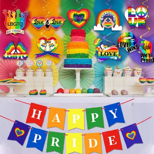 Vista 2 de Suministros para el Día del Orgullo Gay: decoración de remolinos colgantes de amor es amor, cartel de feliz día del orgullo para decoración de techo