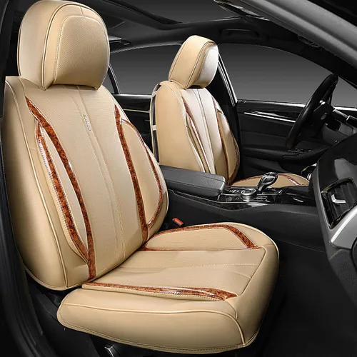 Vista 2 de CAR PASS Fundas de cuero beige para asiento de automóvil, juego completo de fundas de asiento automotriz transpirables e impermeables, cojín