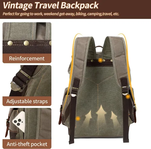 Vista 4 de Wogarl Mochila de lona de cuero vintage, Verde militar, Mediana, Ocio