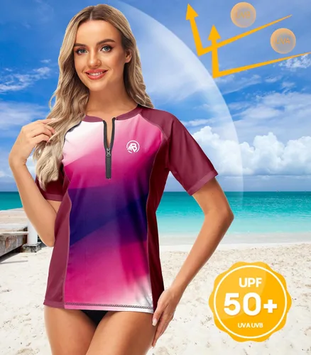 Vista 4 de AOBUTE Camiseta de surf con cremallera de manga corta con gradiente UPF 50+ para mujer