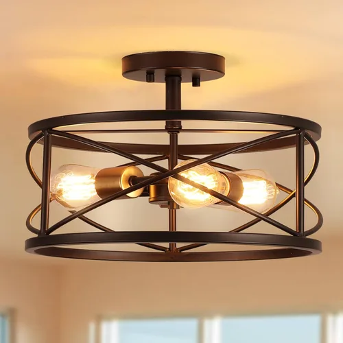 Vista 5 de mavcadonf Lámpara de techo semiempotrada de 3 luces, de 14 pulgadas, industrial y moderna, con jaula de metal, lámpara de techo con acabado
