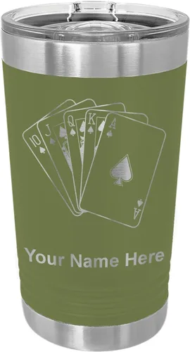 Vista 6 de LaserGram Vaso de pinta aislado al vacío de 16 onzas, tarjetas de póquer Royal Flush con grabado personalizado incluido (negro)