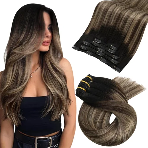 Vista 26 de Moresoo Extensiones de cabello humano con clip, balayage, color marrón oscuro a marrón dorado con clip, extensiones de cabello humano con clip, 5