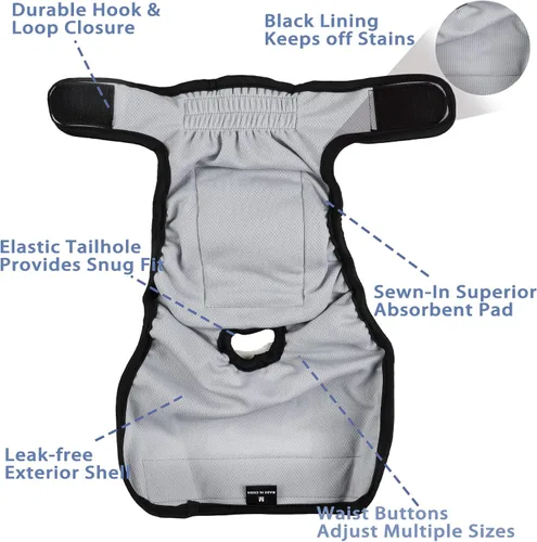 Vista 2 de Leekalos - Pañales reutilizables y lavables para perras (paquete de 3 unidades) - Pañales para perros altamente absorbentes - Tamaño ajustable