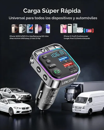 Vista 6 de LENCENT Bluetooth 5.3 Transmisor FM Adaptador de coche 48W (PD30W y QC18W)