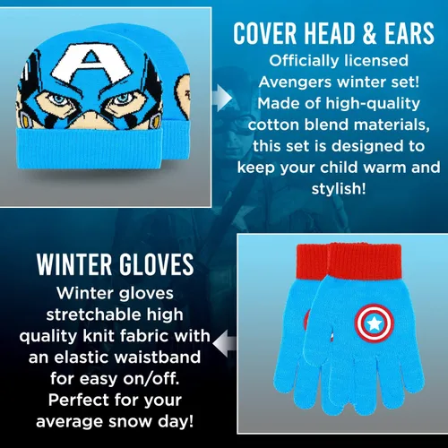 Vista 2 de Marvel Avengers - Juego de sombreros de invierno y guantes de nieve para niños y niños pequeños con lindos guantes y gorro suave pompones esponjosos