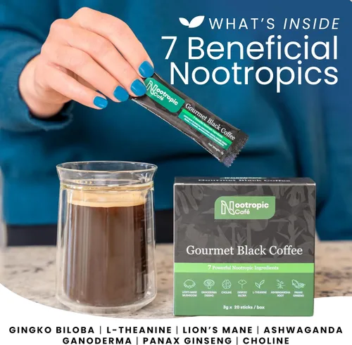 Vista 2 de Café de hongos que estimula el cerebro – Melena de león, Ginkgo Biloba, Ashwagandha, L-teanina, colina – Apoyo para el enfoque y el estado de ánimo