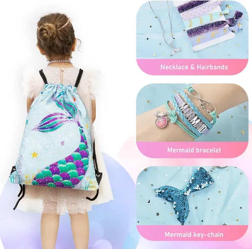 Vista 4 de WERNNSAI Paquete de cordón de sirena lentejuelas azules regalo de sirena para niñas mochila con cordón cosméticos para natación bolsa con cremallera