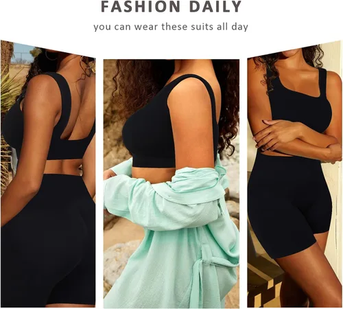 Vista 2 de FeelinGirl Conjuntos de entrenamiento para mujer, 2 piezas, sin costuras, brasier deportivo acanalado, talla grande, pantalones cortos de cintura