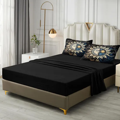 Vista 6 de Juego de edredón de sol y luna negro, juego de ropa de cama boho, ropa de cama de galaxia celestial y espacio estrellado, edredón mandala exótico