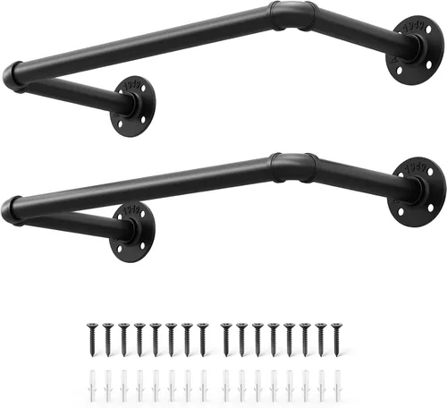 Vista 9 de OROPY Perchero industrial de tubería de 21.2 pulgadas, juego de 2, barra de ropa de hierro negro resistente para montaje en la pared, barra