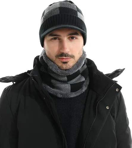 Vista 5 de HH HOFNEN Conjunto de bufanda de invierno para hombres y mujeres, visera de punto, cálido, grueso, forro polar, calentador de cuello para exteriores