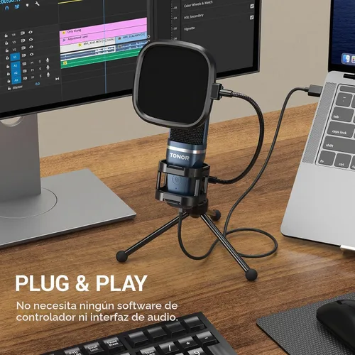 Vista 4 de TONOR TC-777 - Micrófono de podcast, micrófono de computadora USB, micrófono de condensador cardioide para PC con soporte de trípode y filtro pop