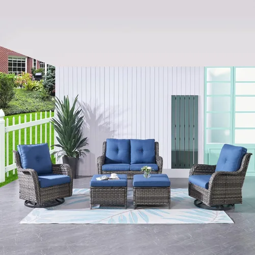 Vista 90 de HUMMUH Juego de 2 Sillas Giratorias Mecedoras de Mimbre para Patio Exterior, Juego de Muebles de Sillas Mecedoras de Ratán (Marrón, Azul) 50,000