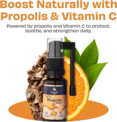 Vista 3 de Spray de propóleo de abeja + vitamina C, sin alcohol, sabor a naranja natural, extracto de propóleo de abeja 100% puro, apoyo antioxidante