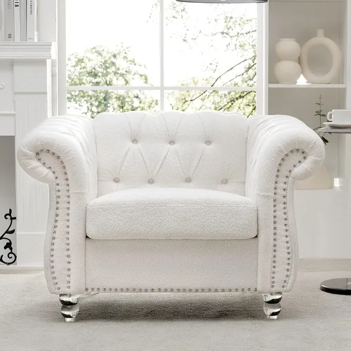 Vista 11 de Muebles de sofá Chesterfield de tela de 85 pulgadas, sofá tapizado con respaldo copetudo, brazo enrollable, sofá Chesterfield clásico para sala