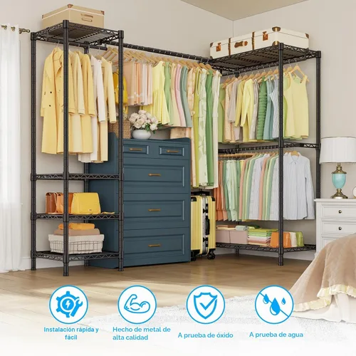 Vista 5 de ULIFHOME E10L - Perchero en forma de L para esquina (con barra de suspensión expandible), resistente y independiente para colgar ropa, perchero Negro