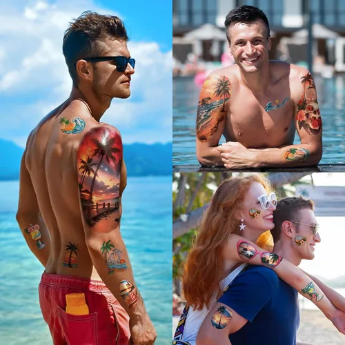 Vista 6 de 77 hojas de tatuajes temporales para mujeres y hombres, 17 hojas de tatuajes falsos de medio brazo de flores de playa, calaveras, atardeceres, 60