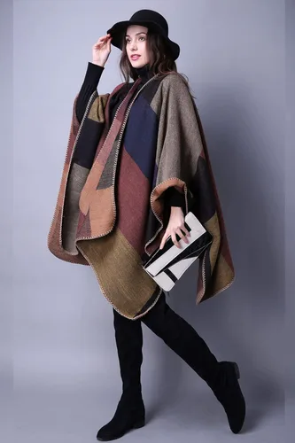 Vista 3 de Chal de punto para mujer a cuadros con parte delantera abierta tipo poncho tipo capa envolvente