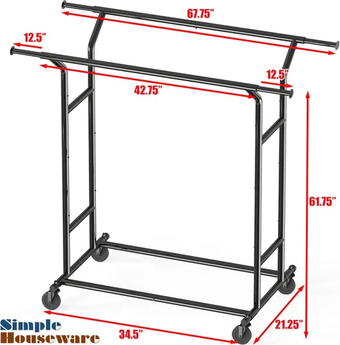 Vista 5 de Simple Houseware - Perchero de ropa de doble riel resistente, color negro, con capacidad de hasta 200 lbs, varilla extensible de 43 a 67 pulgadas