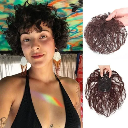 Vista 7 de Jowxsx 2 clips, piezas de peluca marrón claro para la parte superior de la cabeza, repuesto de la parte superior del cabello rizado, postizo