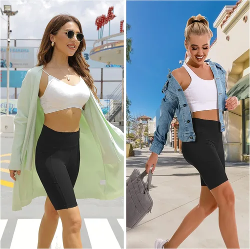 Vista 7 de APEXUP Pantalones cortos de entrenamiento, pantalones cortos de ciclismo de 8 pulgadas para mujer, cintura alta, pantalones cortos de yoga