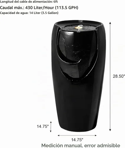Vista 2 de Glitzhome Fuente de Agua con Jarrón de Cerámica de Gran Tamaño de 29.25" de Alto para Exteriores, Fuente de Agua Alta para Patio y Jardín con Luz