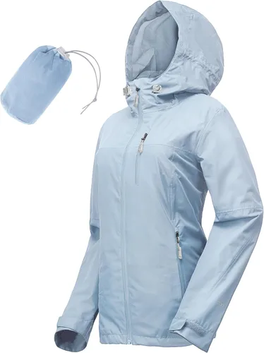 Vista 7 de Chaqueta impermeable plegable para mujer 33,000ft, ligera, impermeable, con capucha, para ciclismo y bicicleta, cortavientos Tono aguamarina