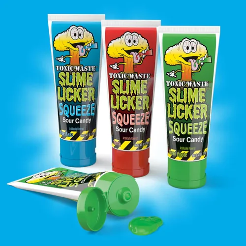 Vista 4 de Toxic Waste Slime Licker Squeeze Caramelos, Manzana Verde, Razz/Cereza, Paquete de 12 Squeezable sour candy gel in Green Apple, Blue Raspberry