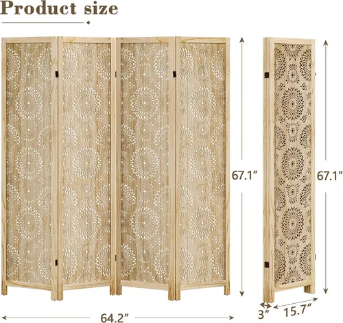 Vista 6 de WelFurGeer Divisor de habitación de madera hecho a mano, pantalla de privacidad plegable de 4 paneles con paneles ajustables de 360°, divisores