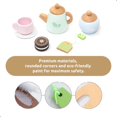 Vista 2 de UMU® Juego de Té de Madera para Niños – Juguete de Fiesta de Té de Juego Simulado con Tazas Coloridas, Bolsitas de Té, Rodajas de Limón y Más