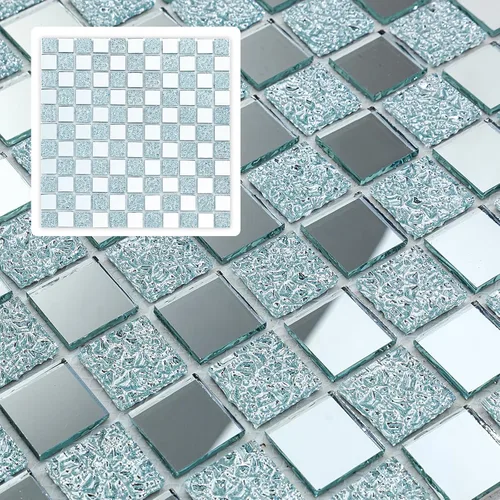 Vista 8 de 5 hojas de azulejos de mosaico de espejo plano cuadrado plateado para salpicaduras de cocina y pared de baño