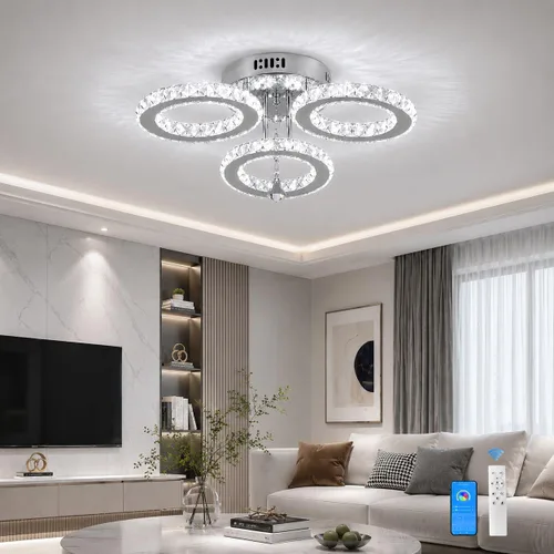 Vista 11 de Deckrico - Lámpara de techo con anillo de cristal, LED blanco frío 3 anillos blanco frío