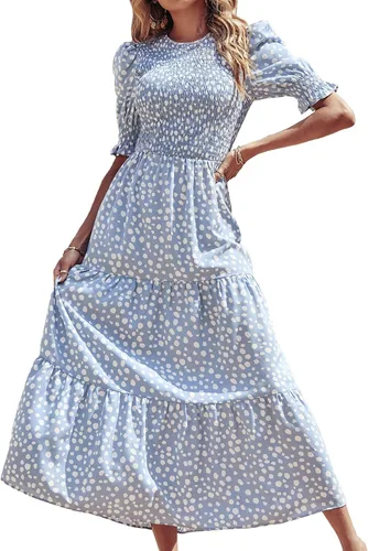 Vista 104 de BTFBM Vestidos para mujer, cuello redondo, casual, de verano, con volantes, manga corta, bohemio, con niveles, fruncido, largo, con estampado floral