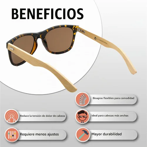 Vista 3 de Gafas de sol de bambú al por mayor 10 unidades para hombres y Tortuga Clásica Lente Marrón